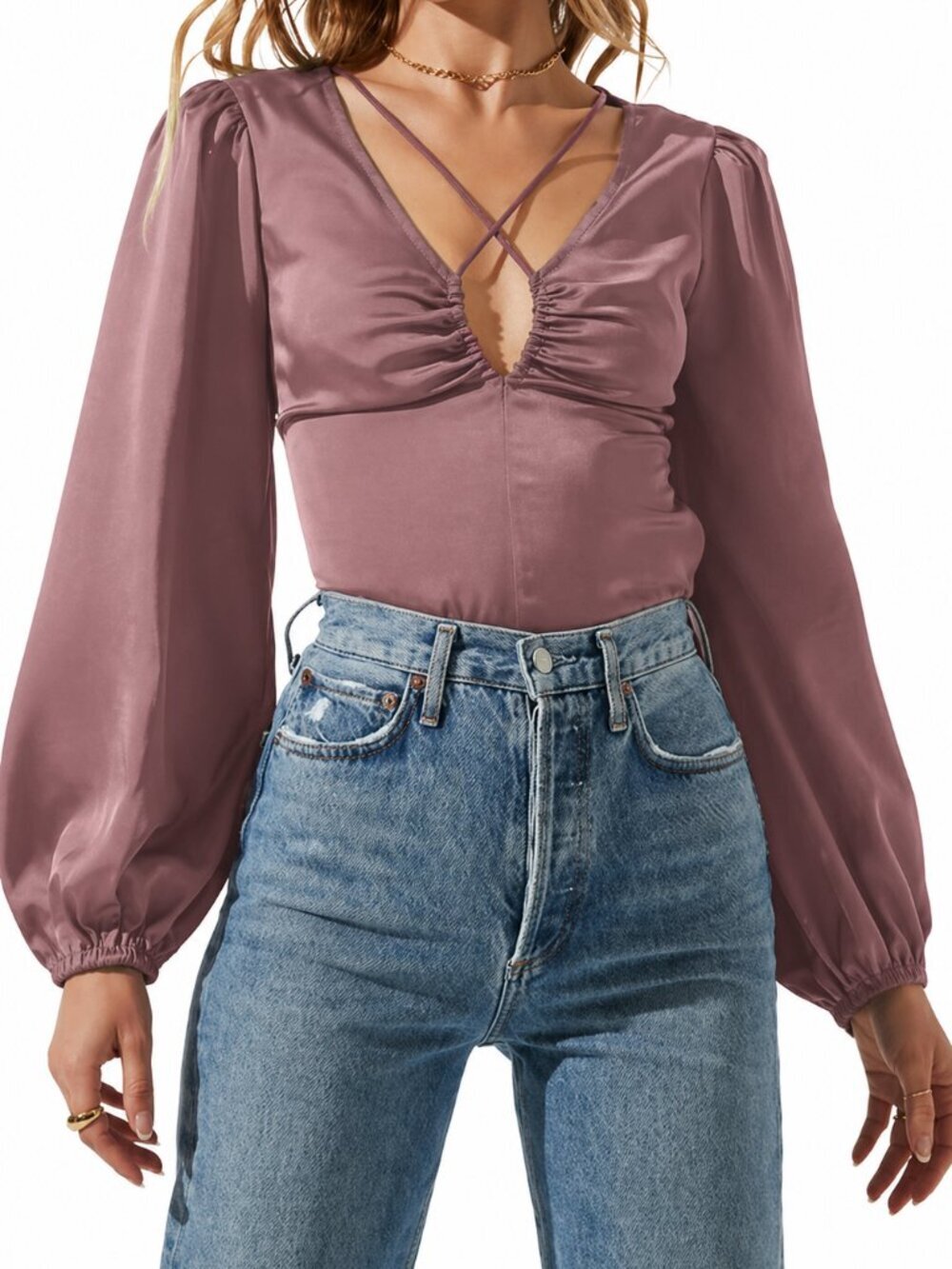 ASTR Keyhole Cutout Satin Blouse